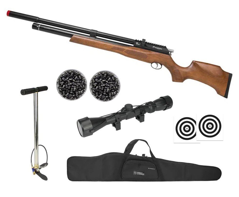 Carabina de Pressão PCP Kodiak VR Madeira 6,35mm - Rossi + Bomba + Capa + Luneta 3-9x40 + Chumbo + Alvos