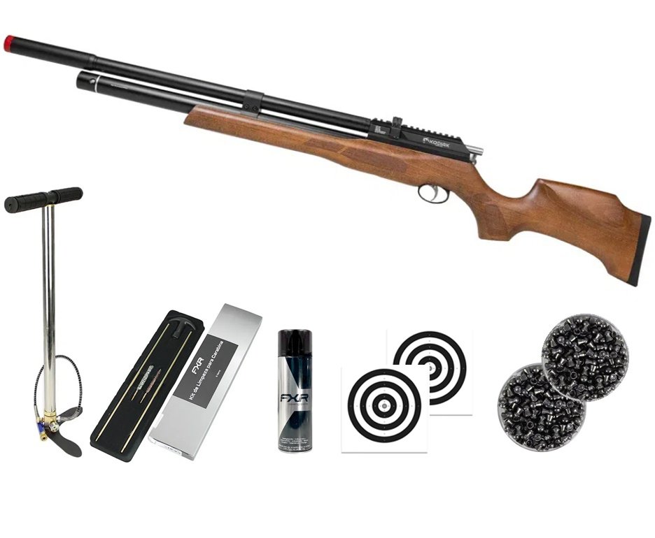Carabina de Pressão PCP Kodiak VR Madeira 6,35mm - Rossi + Bomba + Chumbo + Alvos + Kit Limpeza + Desengripante / Anticorrosivo