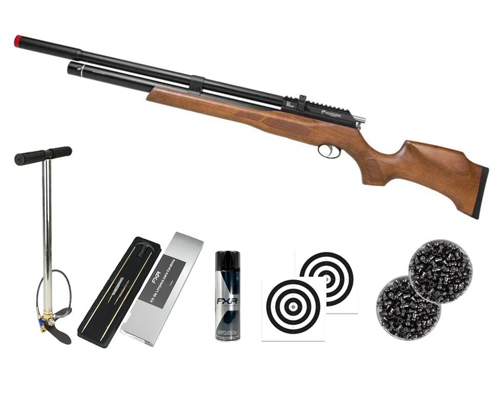 Carabina de Pressão PCP Kodiak VR Madeira 6,35mm - Rossi + Bomba + Chumbo + Alvos + Kit Limpeza + Desengripante / Anticorrosivo