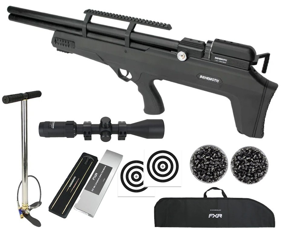 Carabina de Pressão PCP Nova Vista Bullpup Behemoth PS-R2-S Black 5.5mm com reguladora + Bomba + Capa + Luneta 3-9x40 + Chumbo + Alvos + Kit Limpeza