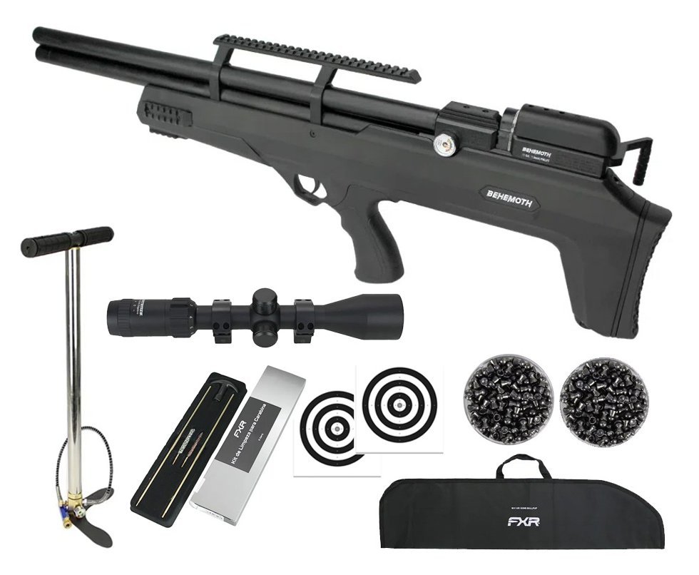 Carabina de Pressão PCP Nova Vista Bullpup Behemoth PS-R2-S Black 5.5mm com reguladora + Bomba + Capa + Luneta 3-9x40 + Chumbo + Alvos + Kit Limpeza