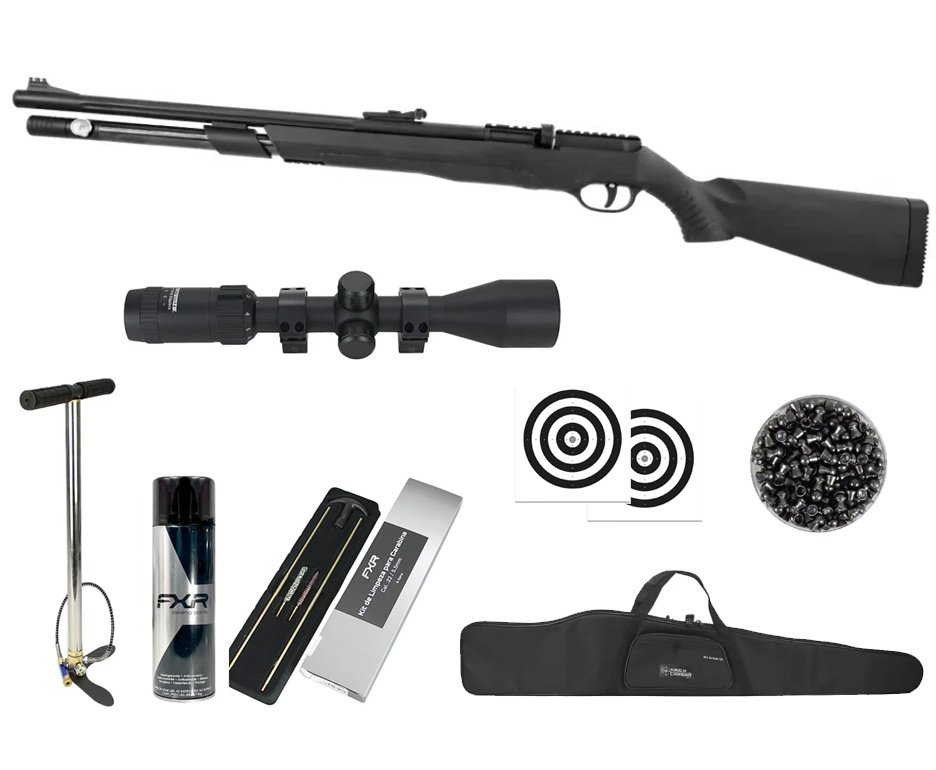 Carabina de Pressão PCP JTS AirStryke Black 5.5mm - FXR + Bomba + Capa + Luneta 3-9x40 + Chumbos + Alvos + Kit de Limpeza + Desengripante / Anticorrosivo