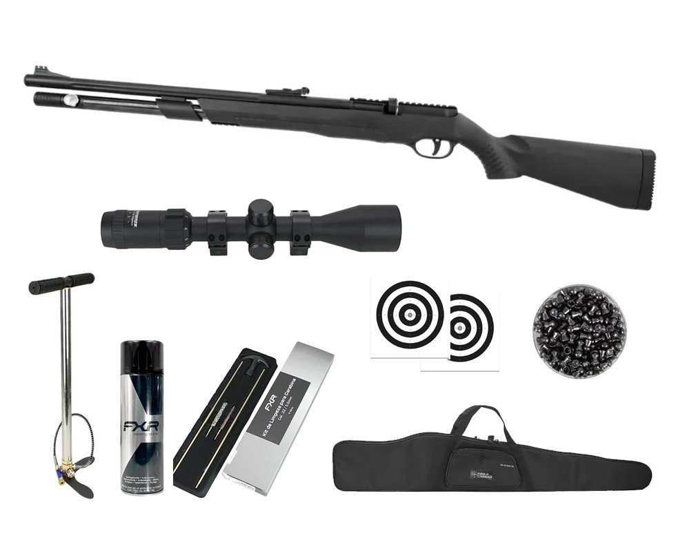 Carabina de Pressão PCP JTS AirStryke Black 5.5mm - FXR + Bomba + Capa + Luneta 3-9x40 + Chumbos + Alvos + Kit de Limpeza + Desengripante / Anticorrosivo