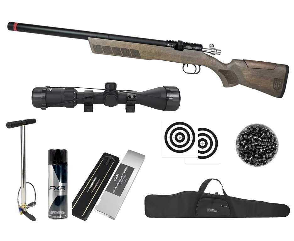 Carabina de Pressão PCP JTS Stealth Hawk 6.35mm + Bomba + Capa + Luneta 3-9x40 + Chumbos + Alvos + Kit de Limpeza + Desengripante / Anticorrosivo