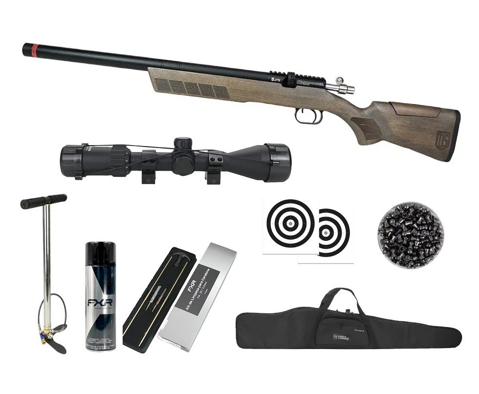 Carabina de Pressão PCP JTS Stealth Hawk 6.35mm + Bomba + Capa + Luneta 3-9x40 + Chumbos + Alvos + Kit de Limpeza + Desengripante / Anticorrosivo