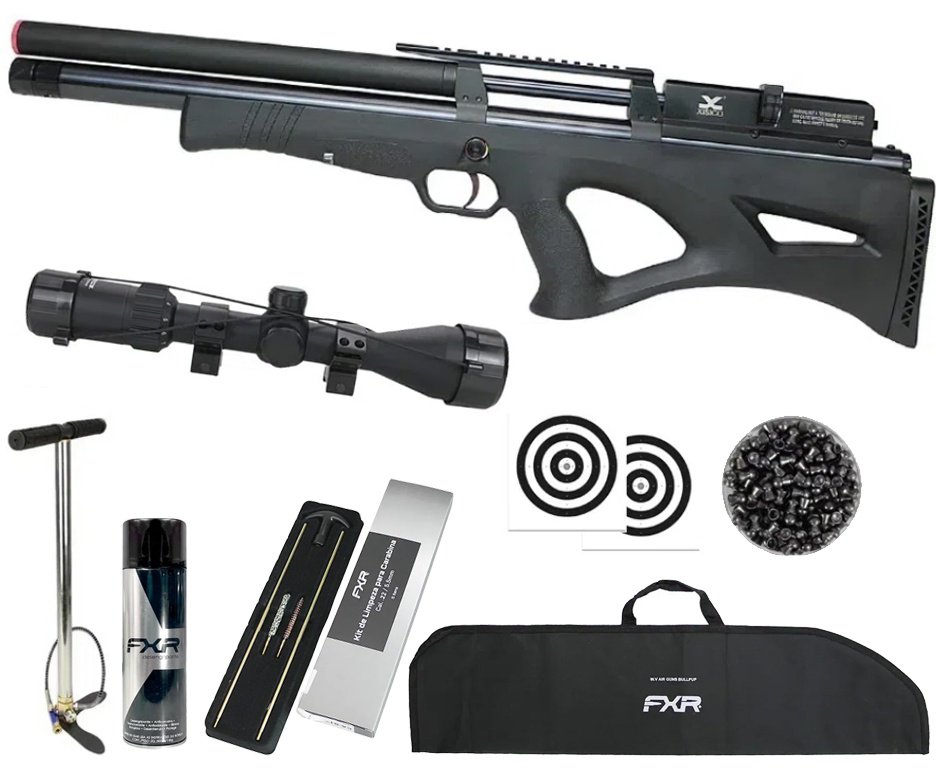 Carabina de Pressão PCP Xisico Shield Bullpup 6.35mm - FXR Arms + Bomba + Capa + Luneta 3-9x40 + Chumbos + Alvos + Kit de Limpeza + Desengripante / Anticorrosivo