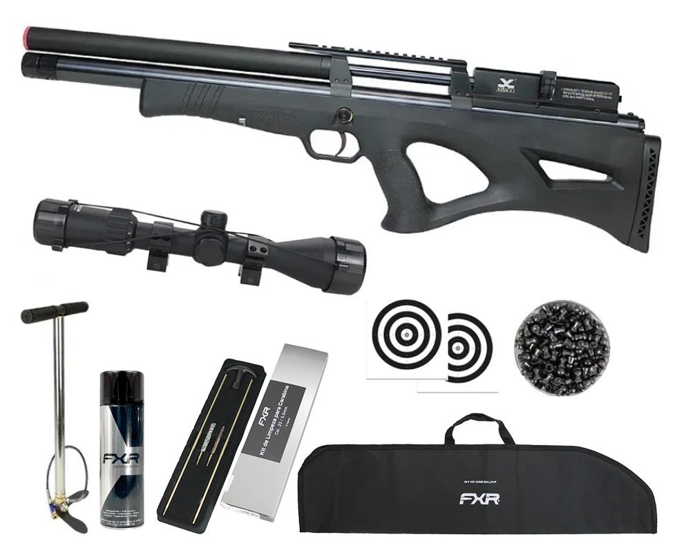 Carabina de Pressão PCP Xisico Shield Bullpup 6.35mm - FXR Arms + Bomba + Capa + Luneta 3-9x40 + Chumbos + Alvos + Kit de Limpeza + Desengripante / Anticorrosivo