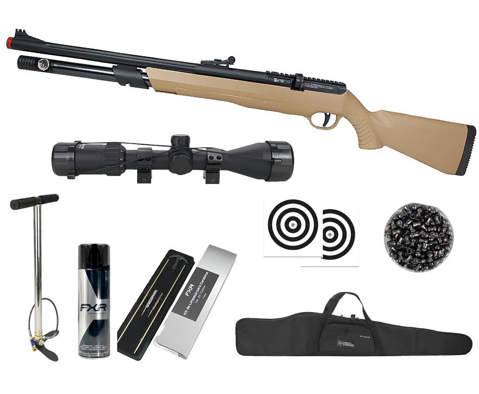 Carabina de Pressão PCP JTS AirStryke Tan 5.5mm - FXR Arms + Bomba + Capa + Luneta 3-9x40 + Chumbos + Alvos + Kit de Limpeza + Desengripante / Anticorrosivo