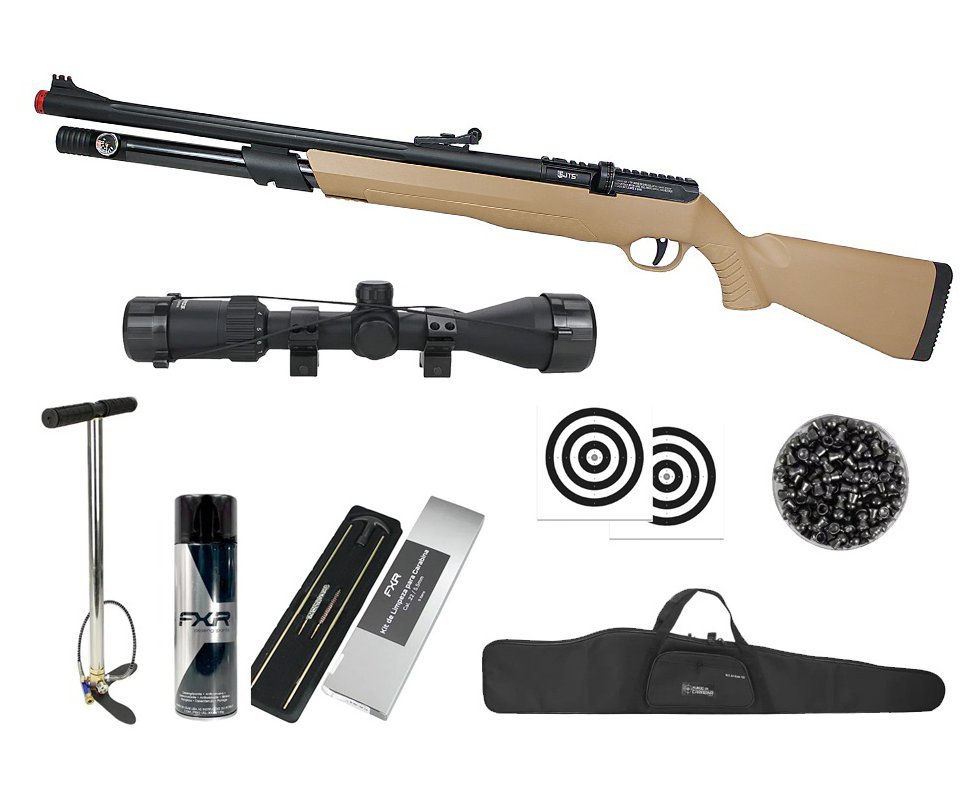 Carabina de Pressão PCP JTS AirStryke Tan 5.5mm - FXR Arms + Bomba + Capa + Luneta 3-9x40 + Chumbos + Alvos + Kit de Limpeza + Desengripante / Anticorrosivo