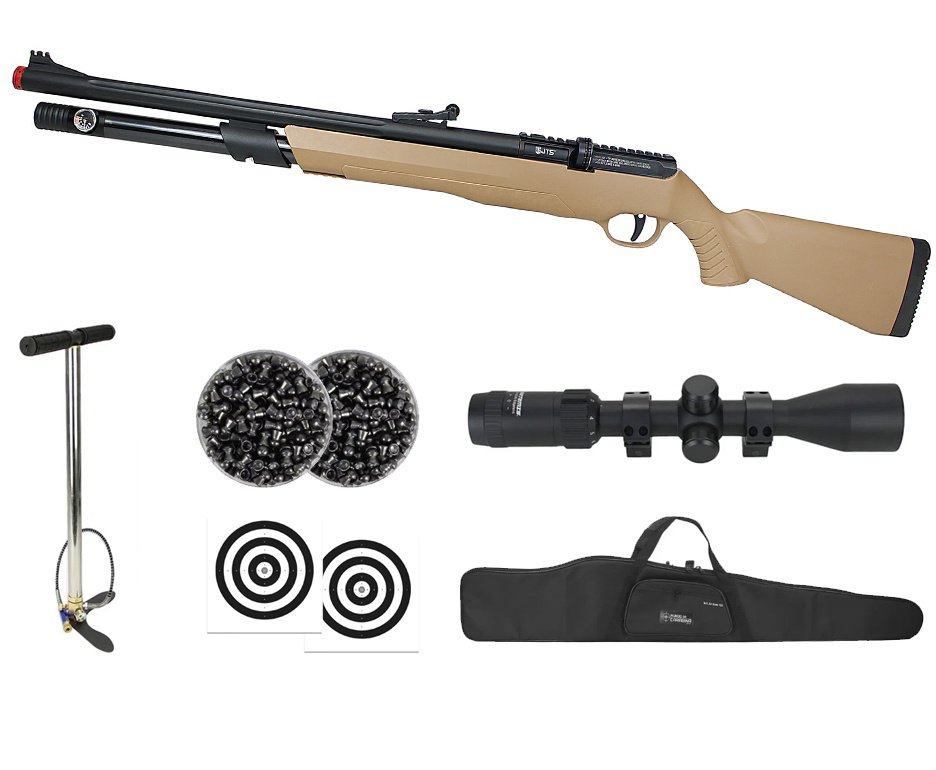 Carabina de Pressão PCP JTS AirStryke Tan 5.5mm - FXR Arms + Bomba + Capa + Luneta 3-9x40 + Chumbos + Alvos