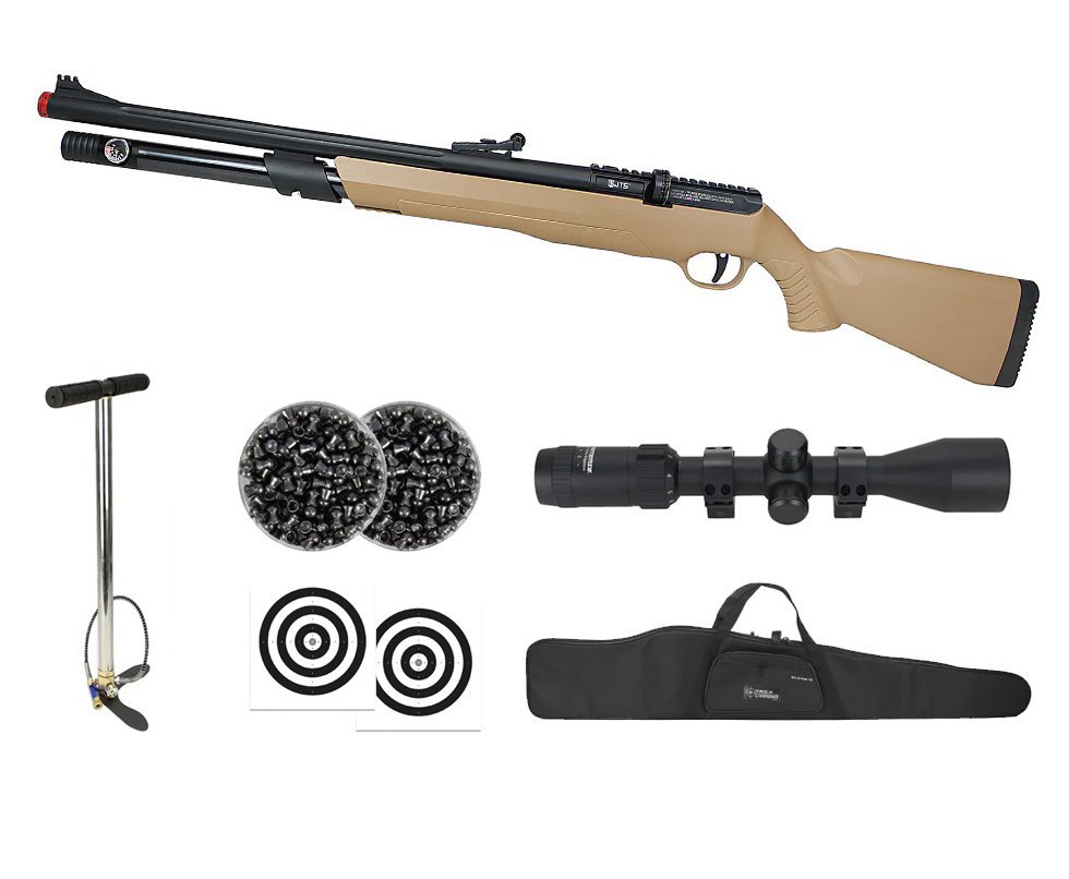 Carabina de Pressão PCP JTS AirStryke Tan 5.5mm - FXR Arms + Bomba + Capa + Luneta 3-9x40 + Chumbos + Alvos