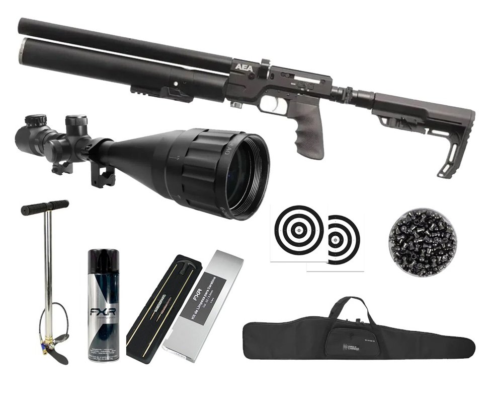 Carabina de Pressão PCP SF Sniper Semi Auto 6,35mm - AEA Airguns + Bomba + Capa + Luneta 6-24x50 + Chumbos + Alvos + Kit de Limpeza + Desengripante / Anticorrosivo