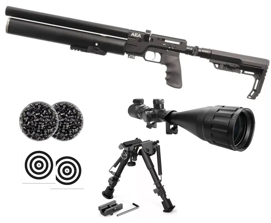 Carabina de Pressão PCP SF Sniper Semi Auto 6,35mm - AEA Airguns + Luneta 6-24x50 + Chumbos + Alvos + Bipé Tático