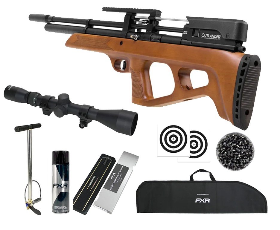 Carabina de Pressão PCP Rossi Outlander Bullpup VR Madeira 5,5mm .22 - Rossi + Bomba + Capa + Luneta 3-9x40 + Chumbos + Alvos + Kit de Limpeza + Desengripante / Anticorrosivo