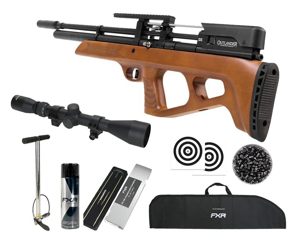 Carabina de Pressão PCP Rossi Outlander Bullpup VR Madeira 5,5mm .22 - Rossi + Bomba + Capa + Luneta 3-9x40 + Chumbos + Alvos + Kit de Limpeza + Desengripante / Anticorrosivo