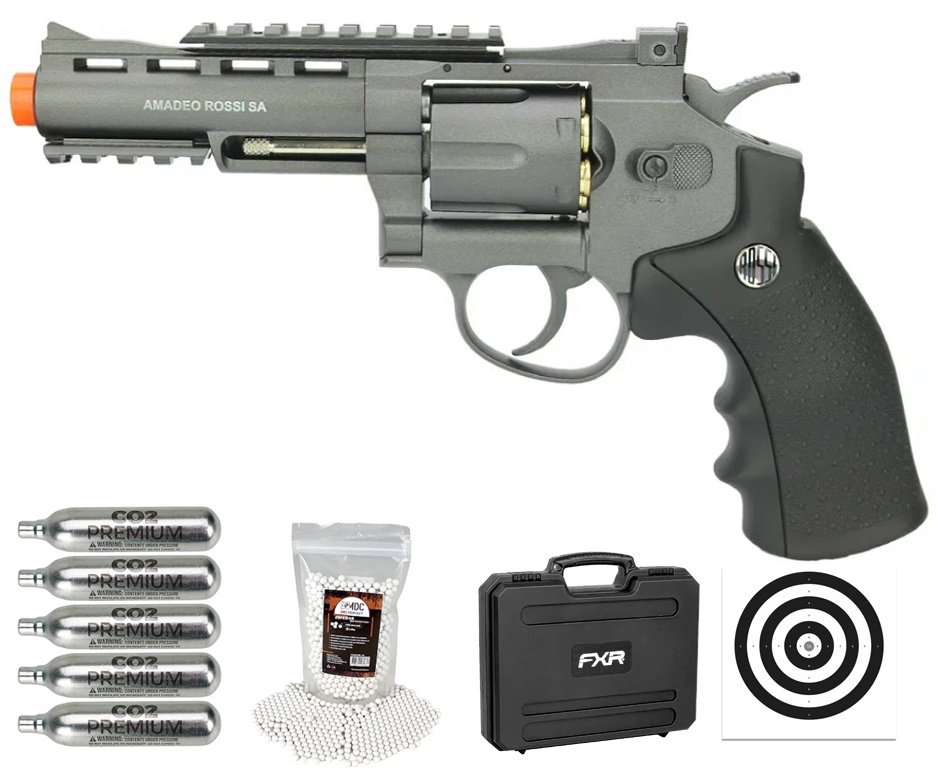 Revolver 38 Airsoft Gas Co2 6 Tiros 4" Oxidado Rossi Full Metal M701 6.0mm - Wingun + Case FXR + Co2 + BBS + Alvos