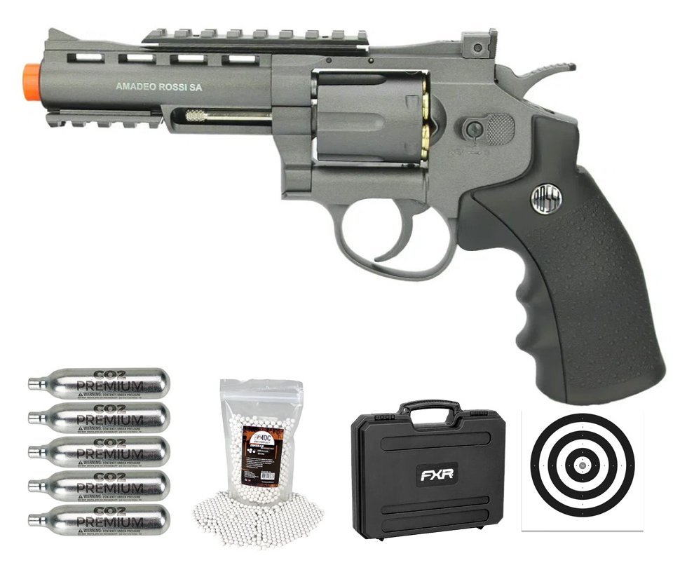 Revolver 38 Airsoft Gas Co2 6 Tiros 4" Oxidado Rossi Full Metal M701 6.0mm - Wingun + Case FXR + Co2 + BBS + Alvos