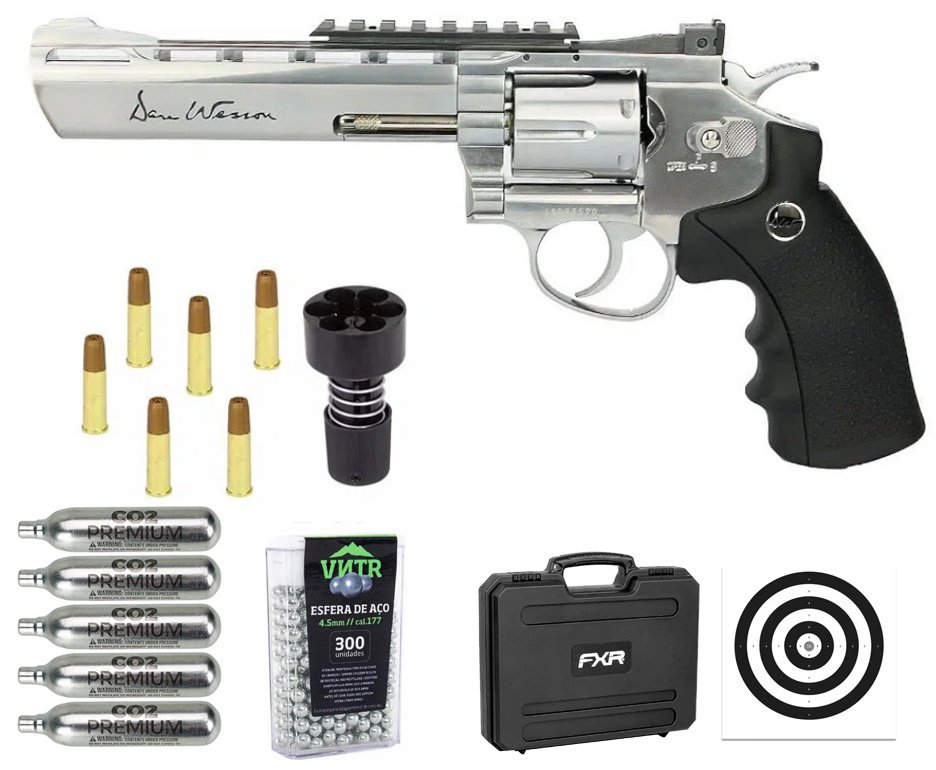 Revólver De Pressão Co2 Dan Wesson 6" Full Metal Inox 6 Tiros 4,5mm Asg + Case FXR + Co2 + BBS + Alvos