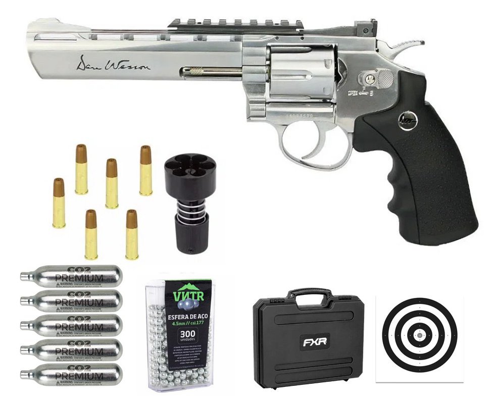 Revólver De Pressão Co2 Dan Wesson 6" Full Metal Inox 6 Tiros 4,5mm Asg + Case FXR + Co2 + BBS + Alvos