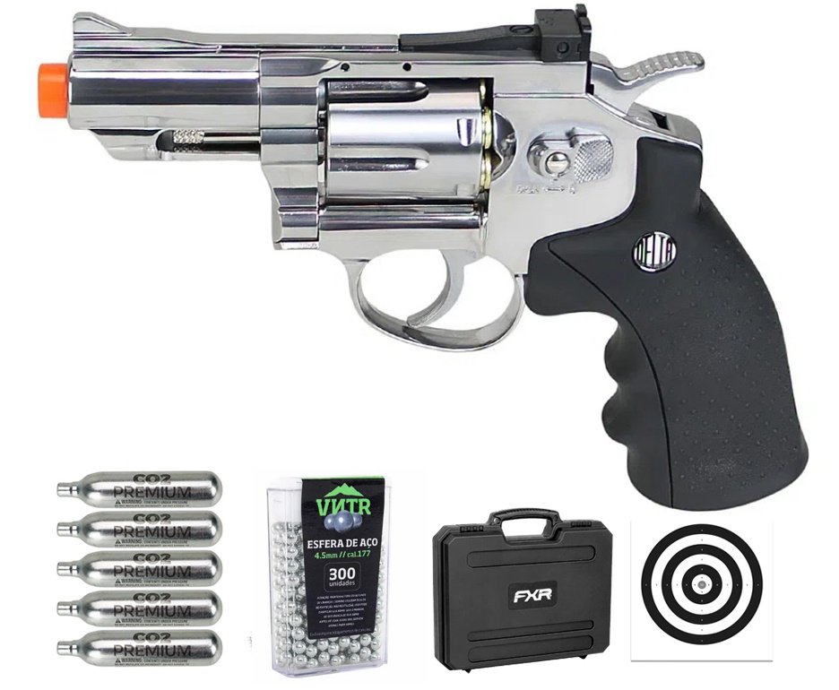 Revólver De Pressão Co2 Full Metal Rossi Niquelado 708s 2,5" 4,5mm + Case FXR + Co2 + BBS + Alvos