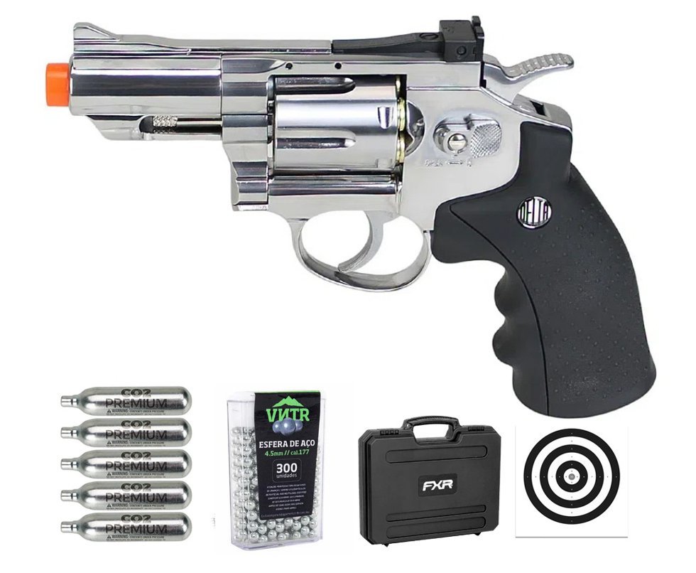 Revólver De Pressão Co2 Full Metal Rossi Niquelado 708s 2,5" 4,5mm + Case FXR + Co2 + BBS + Alvos