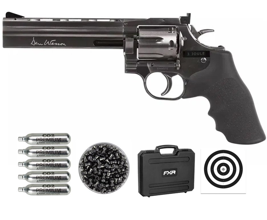 Revólver de Pressão CO2 Dan Wesson 715 Full Metal 6" Grey Chumbinho 4,5mm ASG + Case FXR + Co2 + Chumbinho + Alvos
