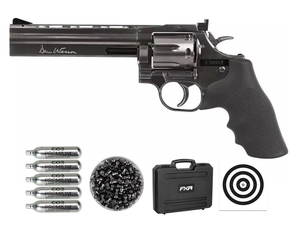 Revólver de Pressão CO2 Dan Wesson 715 Full Metal 6" Grey Chumbinho 4,5mm ASG + Case FXR + Co2 + Chumbinho + Alvos