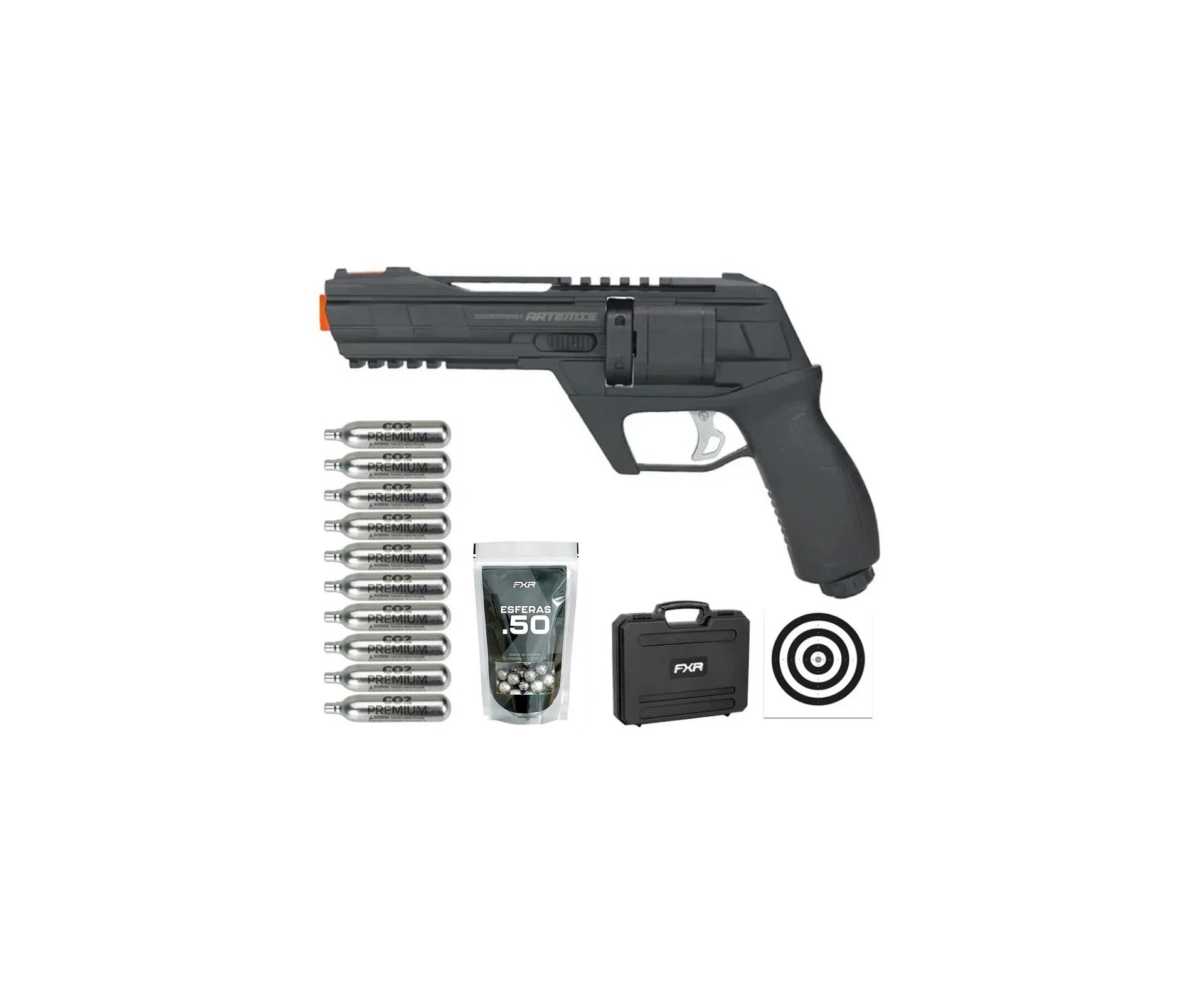 Revólver de Pressão HDR CO2 CP300 Defender .50 - Artemis + Case FXR + Co2 + BBS + Alvos