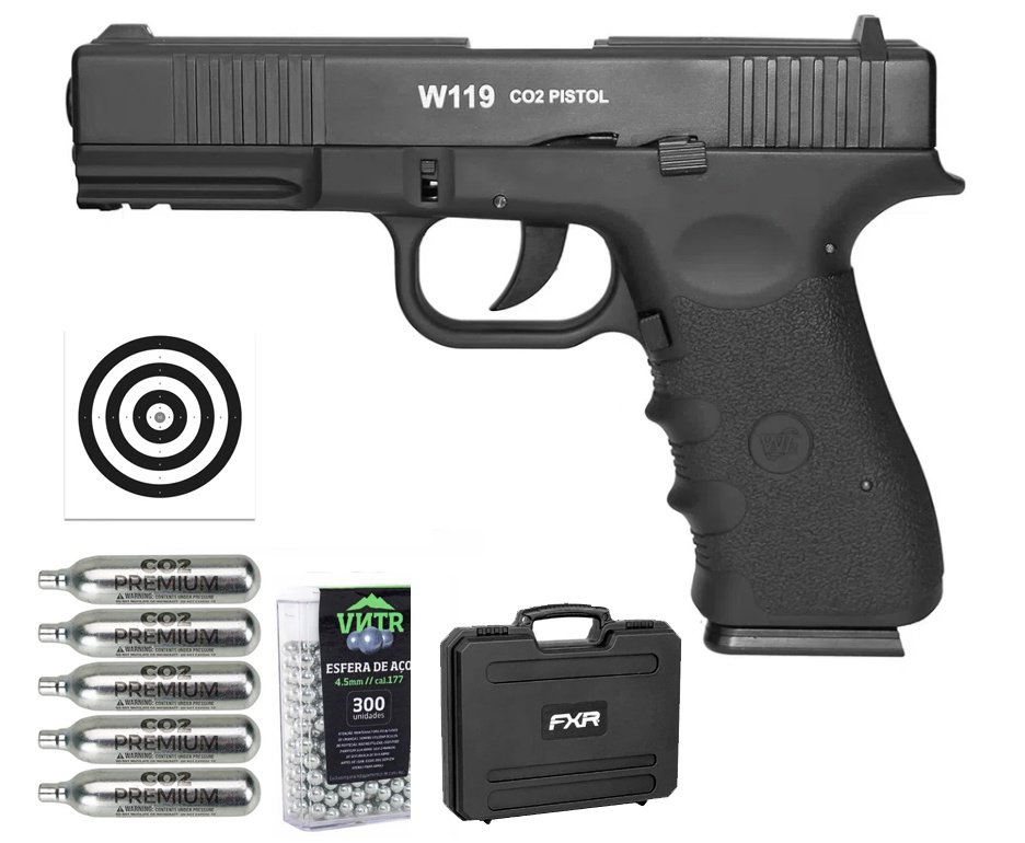 Pistola De Pressão Gas Co2 Wg Glock W119 Slide Metal Blowback 4,5mm + Case FXR + Co2 + BBS + Alvos