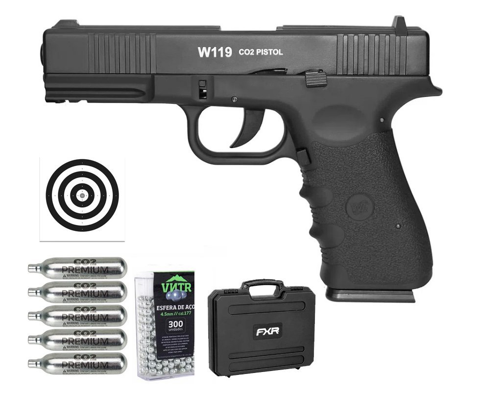 Pistola De Pressão Gas Co2 Wg Glock W119 Slide Metal Blowback 4,5mm + Case FXR + Co2 + BBS + Alvos