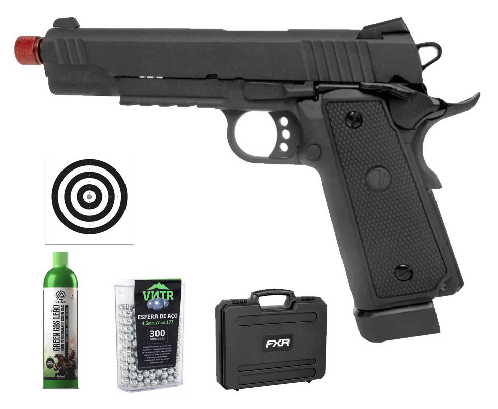 Pistola de Airsoft Gás GBB 1911 Hi-Capa Black OPS Full Metal 6mm - Rossi + Case FXR + GBB + BBS + Alvos