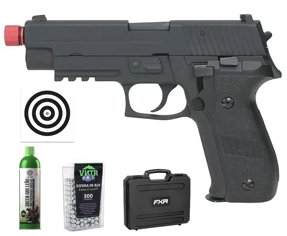 Pistola de Airsoft Gás GBB P226 Blowback 6mm - Rossi + Case FXR + GBB + BBS + Alvos