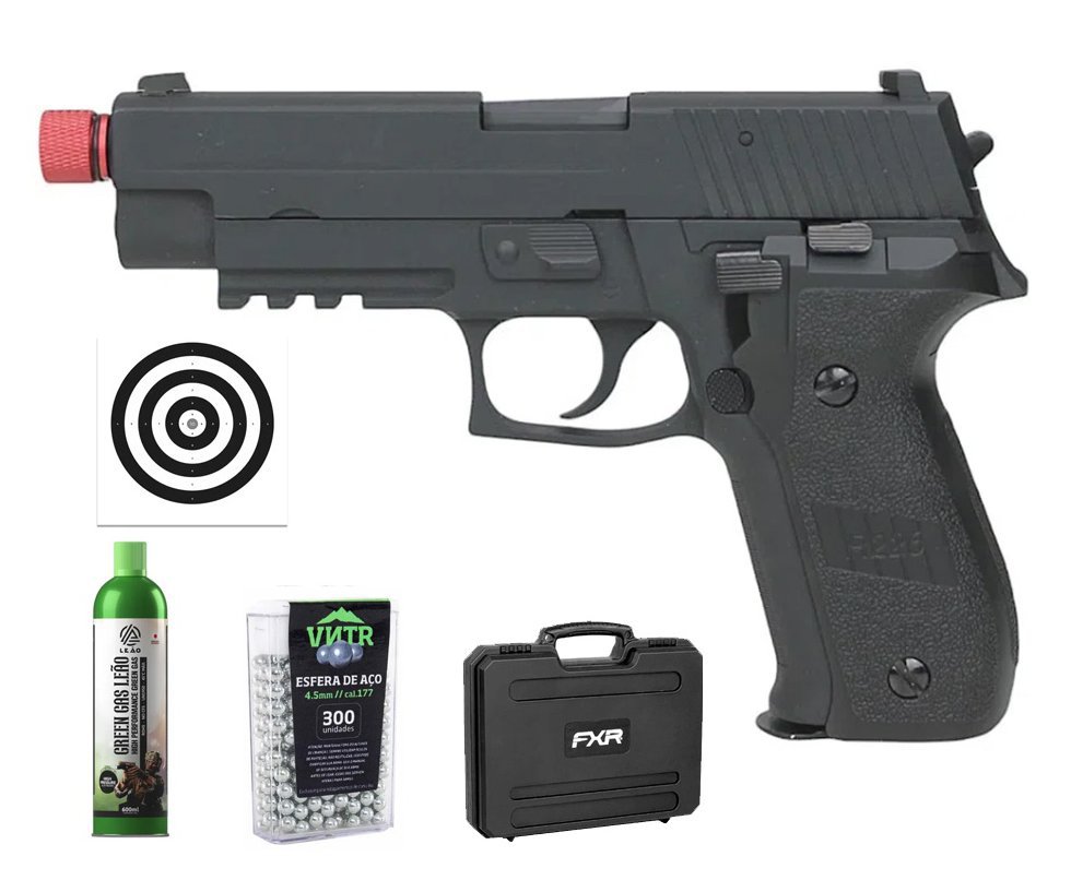 Pistola de Airsoft Gás GBB P226 Blowback 6mm - Rossi + Case FXR + GBB + BBS + Alvos