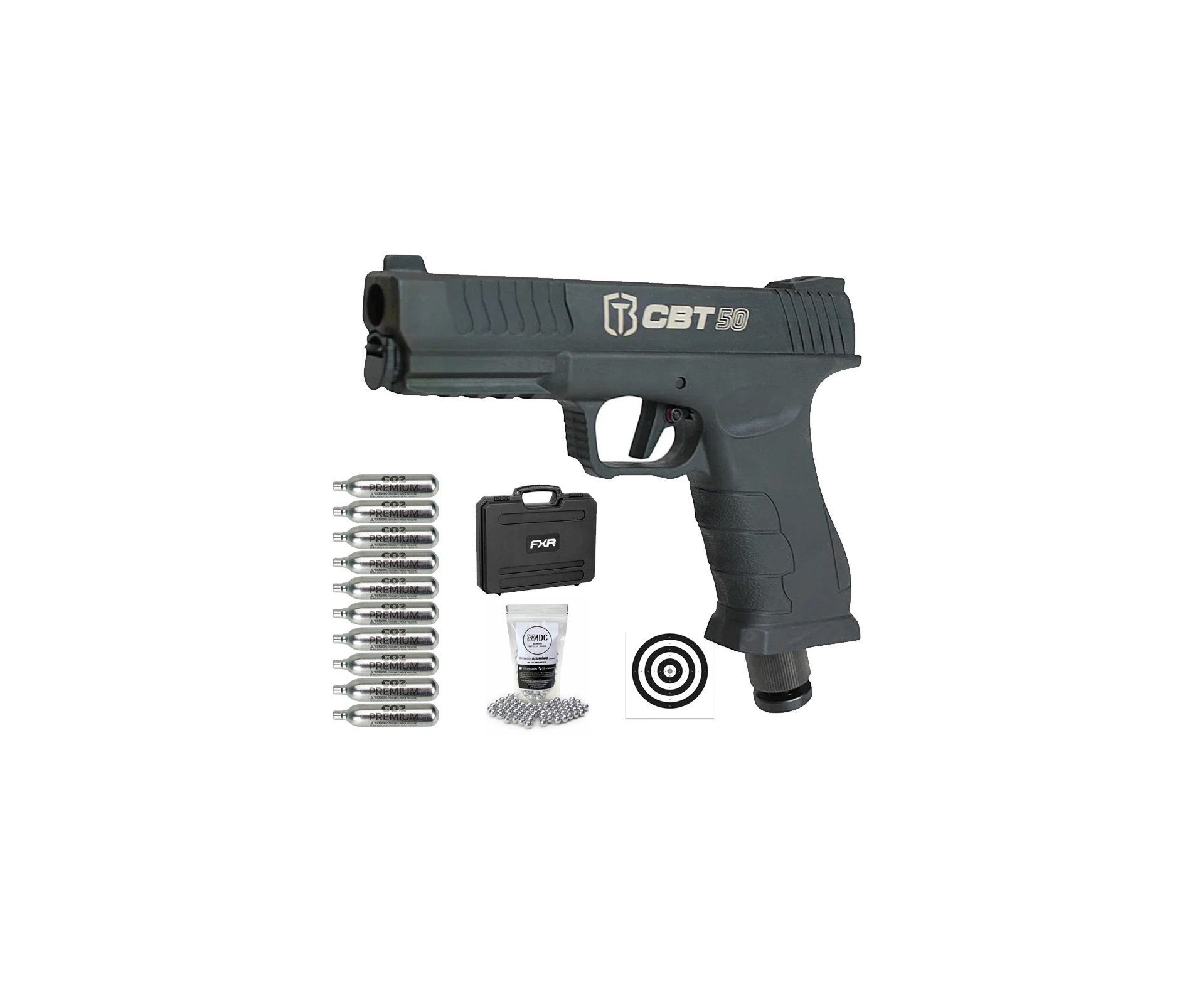 Pistola Home Defense CO2 CBT-50 Cal .50 HDP LDL - Combat + Case FXR + Co2 + BBS + Alvos