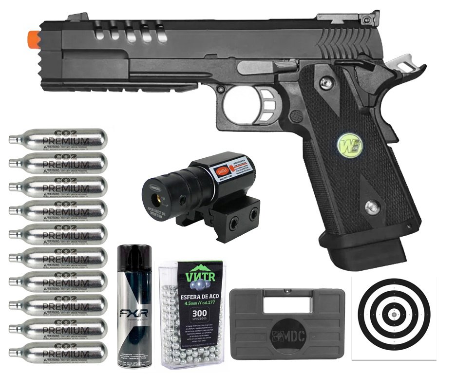 Pistola de Pressão Airgun CO2 1911 Hi-Capa-5.2-K  WE 45-H012 Blowback 4.5mm  - WE/FXR + Co2 + BBS + Case + Alvos + Laser + Desengripante / Anticorrosivo