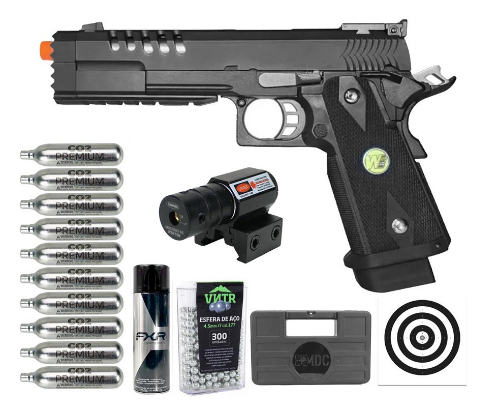 Pistola de Pressão Airgun CO2 1911 Hi-Capa-5.2-K WE 45-H012 Blowback 4.5mm - WE/FXR + Co2 + BBS + Case + Alvos + Laser + Desengripante / Anticorrosivo