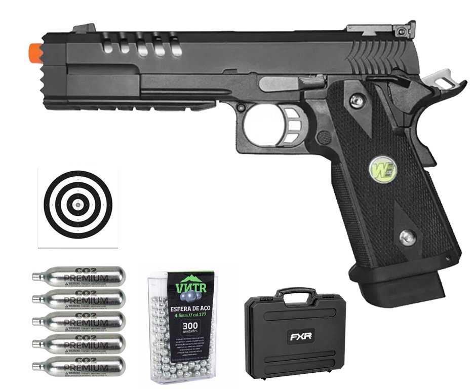 Pistola de Pressão Airgun CO2 1911 Hi-Capa-5.2-K  WE 45-H012 Blowback 4.5mm  - WE/FXR + Co2 + BBS + Case + Alvos