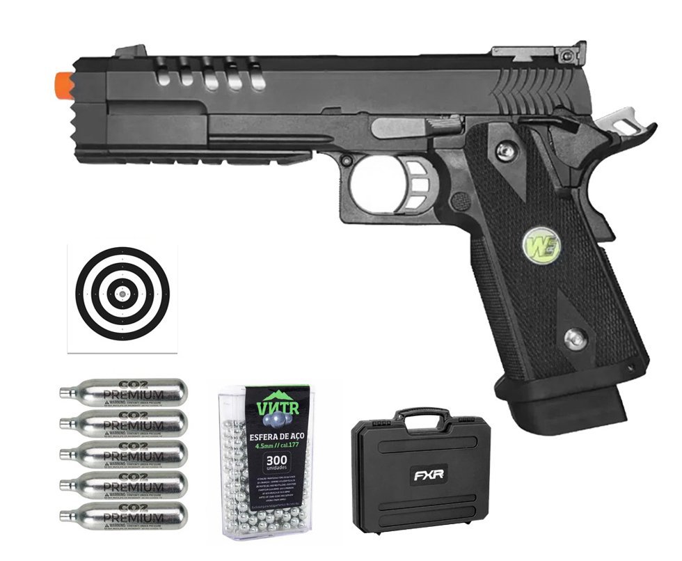 Pistola de Pressão Airgun CO2 1911 Hi-Capa-5.2-K WE 45-H012 Blowback 4.5mm - WE/FXR + Co2 + BBS + Case + Alvos