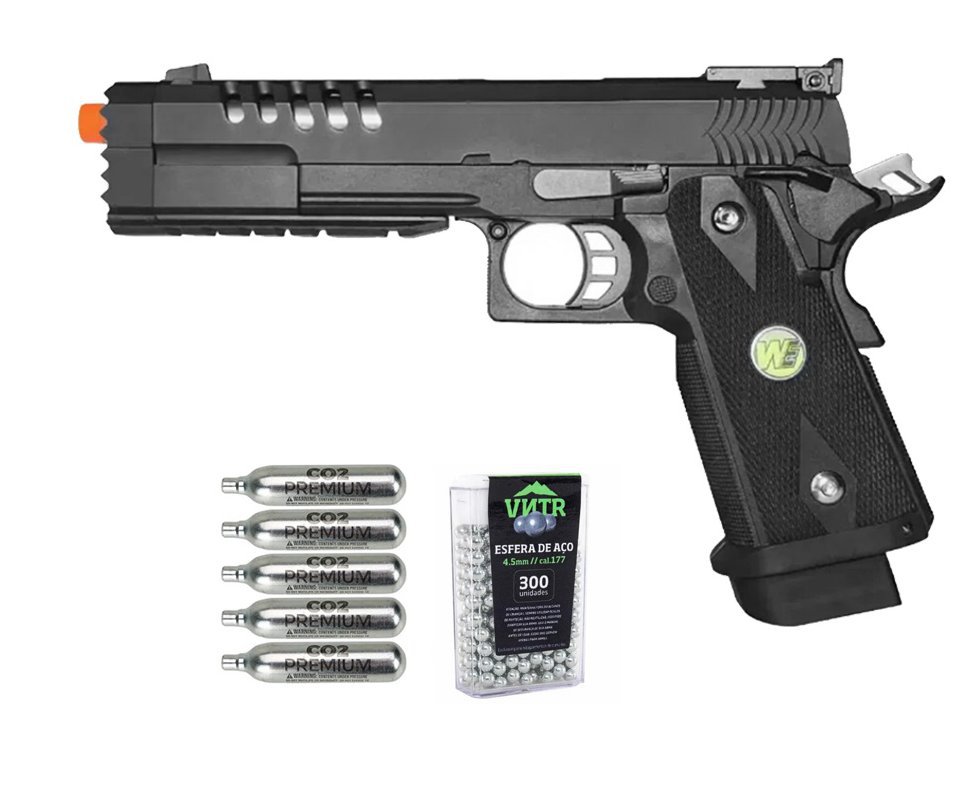 Pistola de Pressão Airgun CO2 1911 Hi-Capa-5.2-K WE 45-H012 Blowback 4.5mm - WE/FXR + Co2 + BBS