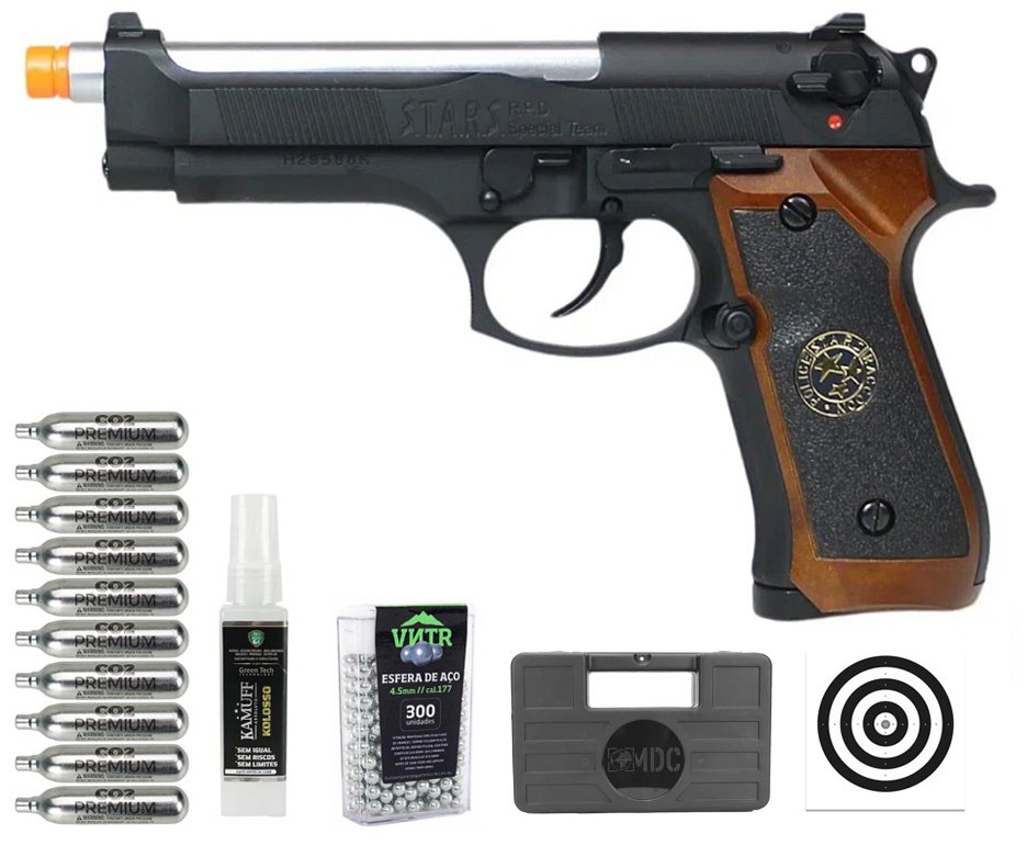 Pistola de Pressão Airgun CO2 WE/FXR M92 Biohazard BK-S Blowback 4.5mm + Co2 + BBS + Case + Alvos + Desengripante / Anticorrosivo + Kamuff