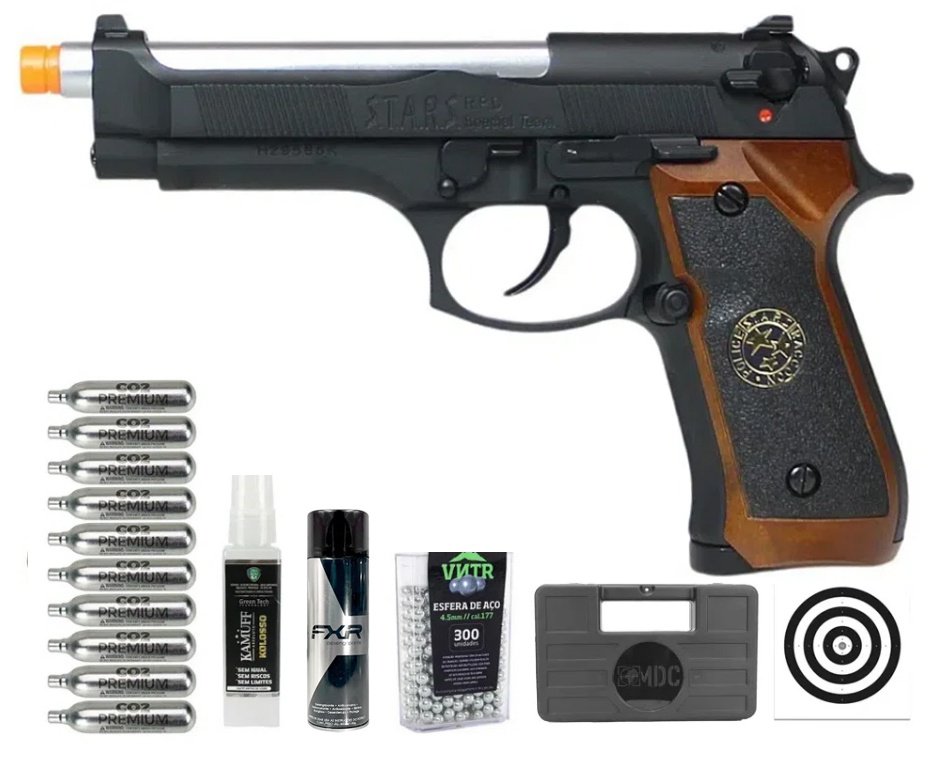 Pistola de Pressão Airgun CO2 WE/FXR M92 Biohazard BK-S Blowback 4.5mm + Co2 + BBS + Case + Alvos + Desengripante / Anticorrosivo + Kamuff