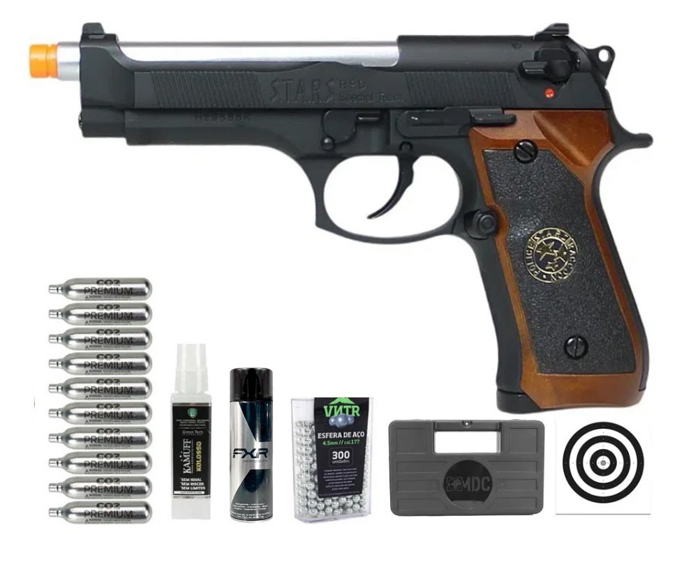 Pistola de Pressão Airgun CO2 WE/FXR M92 Biohazard BK-S Blowback 4.5mm + Co2 + BBS + Case + Alvos + Desengripante / Anticorrosivo + Kamuff