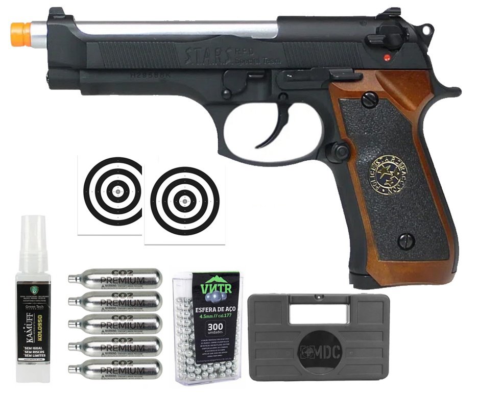 Pistola de Pressão Airgun CO2 WE/FXR M92 Biohazard BK-S Blowback 4.5mm + Co2 + BBS + Case + Alvos + Kamuff