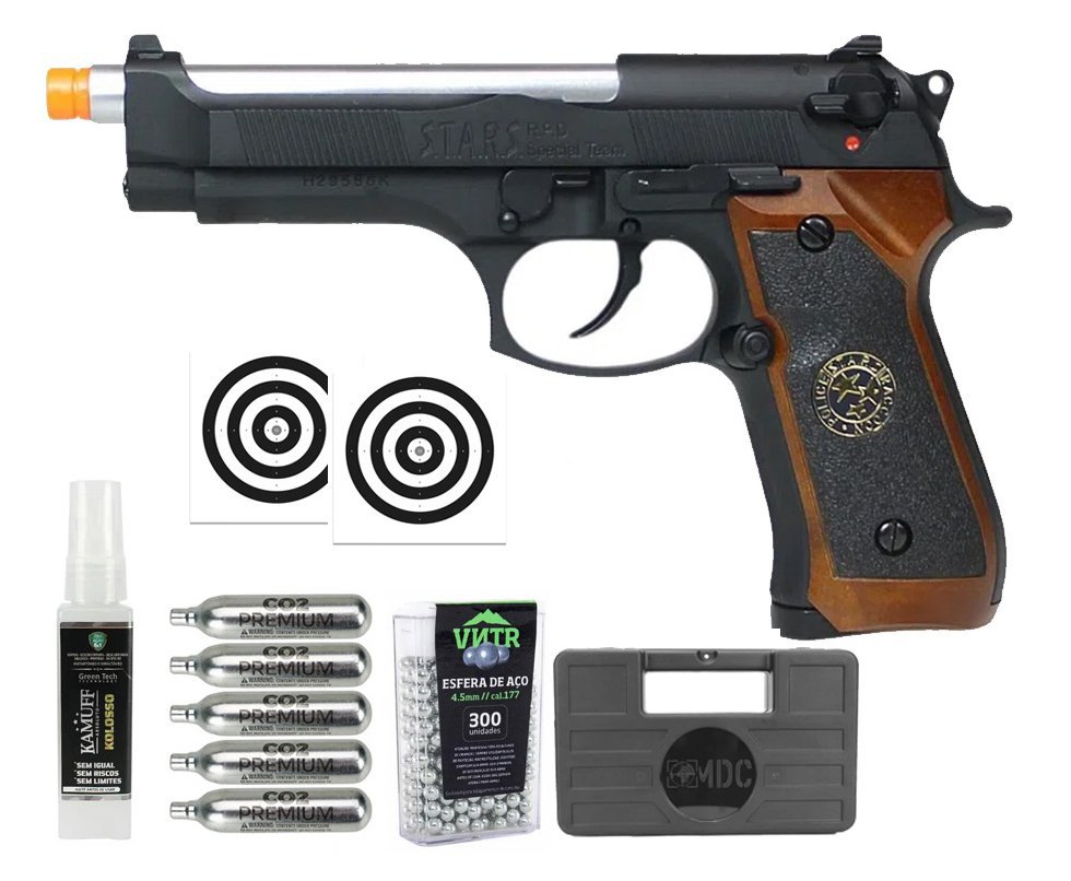 Pistola de Pressão Airgun CO2 WE/FXR M92 Biohazard BK-S Blowback 4.5mm + Co2 + BBS + Case + Alvos + Kamuff