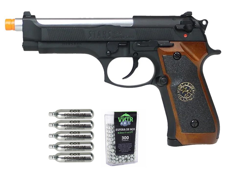 Pistola de Pressão Airgun CO2 WE/FXR M92 Biohazard BK-S Blowback 4.5mm + Co2 + BBS