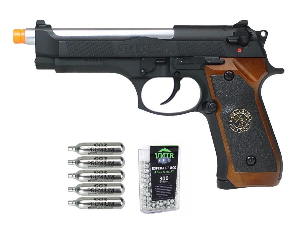 Pistola de Pressão Airgun CO2 WE/FXR M92 Biohazard BK-S Blowback 4.5mm + Co2 + BBS