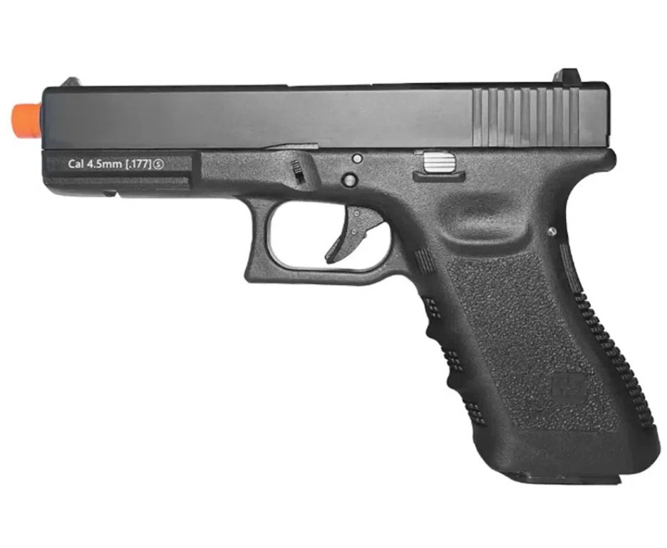 Pistola de Pressão Airgun CO2 WE G17 BK-A GEN3 Blowback 4.5mm - WE/FXR + Co2 + BBS + Case + Alvos + Desengripante / Anticorrosivo + Kamuff + Laser