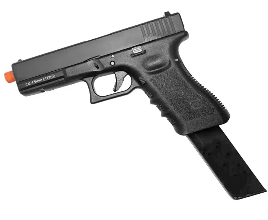 Pistola de Pressão Airgun CO2 WE G17 BK-A GEN3 Blowback 4.5mm - WE/FXR + Co2 + BBS + Case + Alvos + Desengripante / Anticorrosivo + Kamuff + Laser
