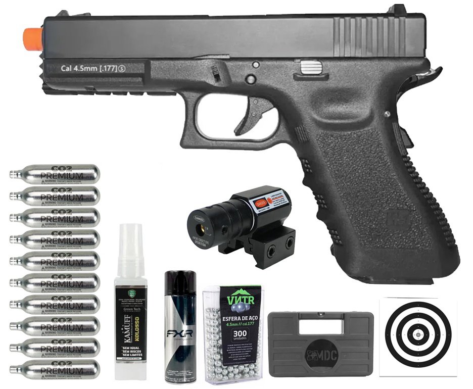 Pistola de Pressão Airgun CO2 WE G17 BK-A GEN3 Blowback 4.5mm - WE/FXR + Co2 + BBS + Case + Alvos + Desengripante / Anticorrosivo + Kamuff + Laser