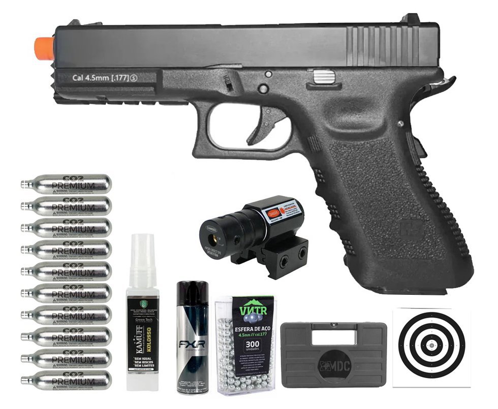Pistola de Pressão Airgun CO2 WE G17 BK-A GEN3 Blowback 4.5mm - WE/FXR + Co2 + BBS + Case + Alvos + Desengripante / Anticorrosivo + Kamuff + Laser